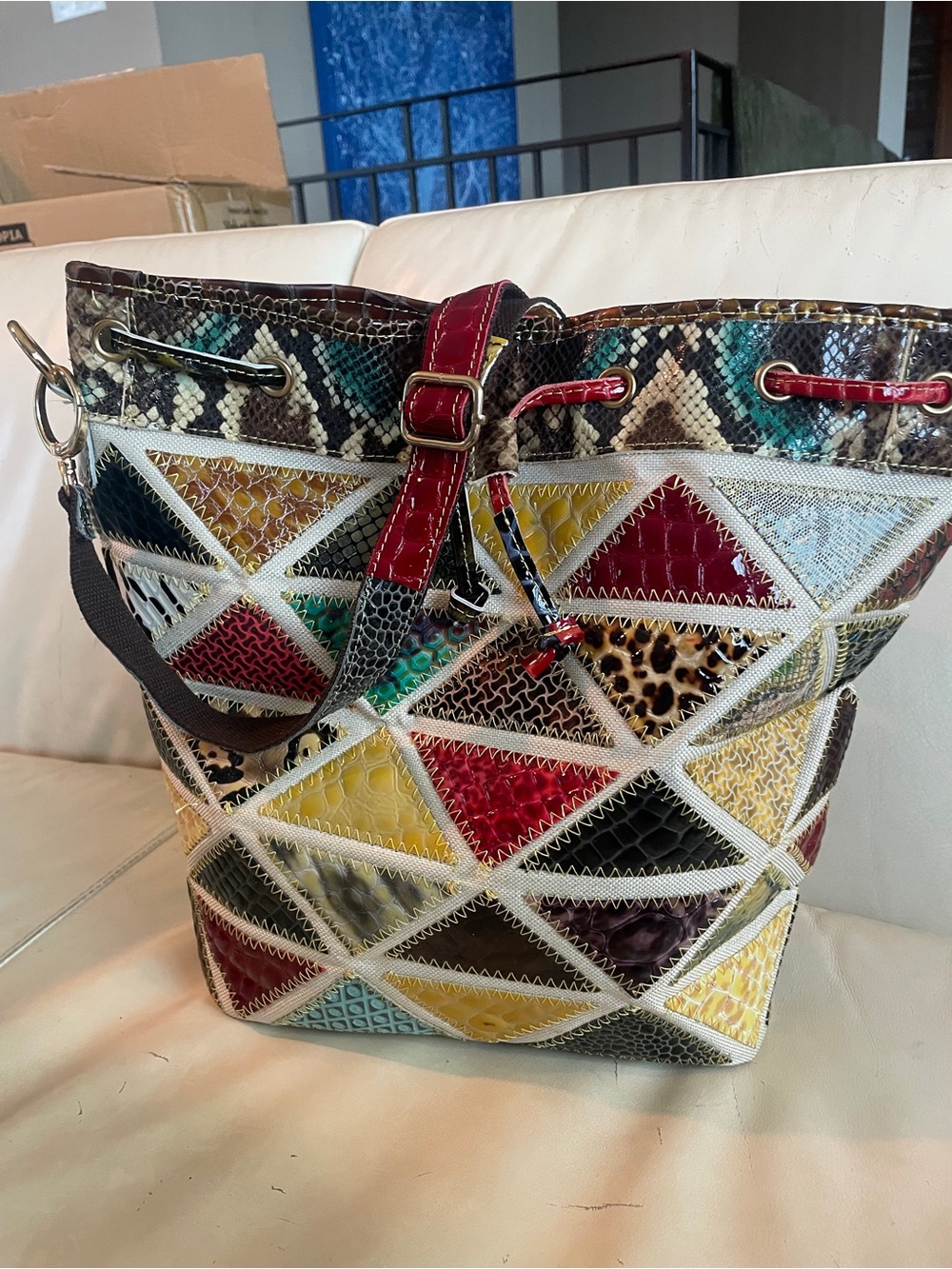 🌈 CHARMES - Snakeskin Patchwork Bucket Bag, Gold Zigzag Stitch - Crossbody - WOW